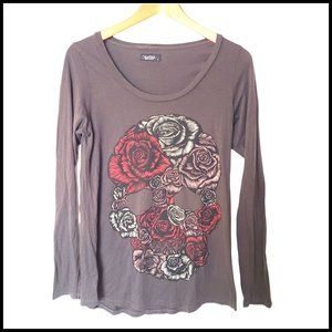 Lauren Moshi Rose Skull Brown Long Sleeve Tee Top L Large